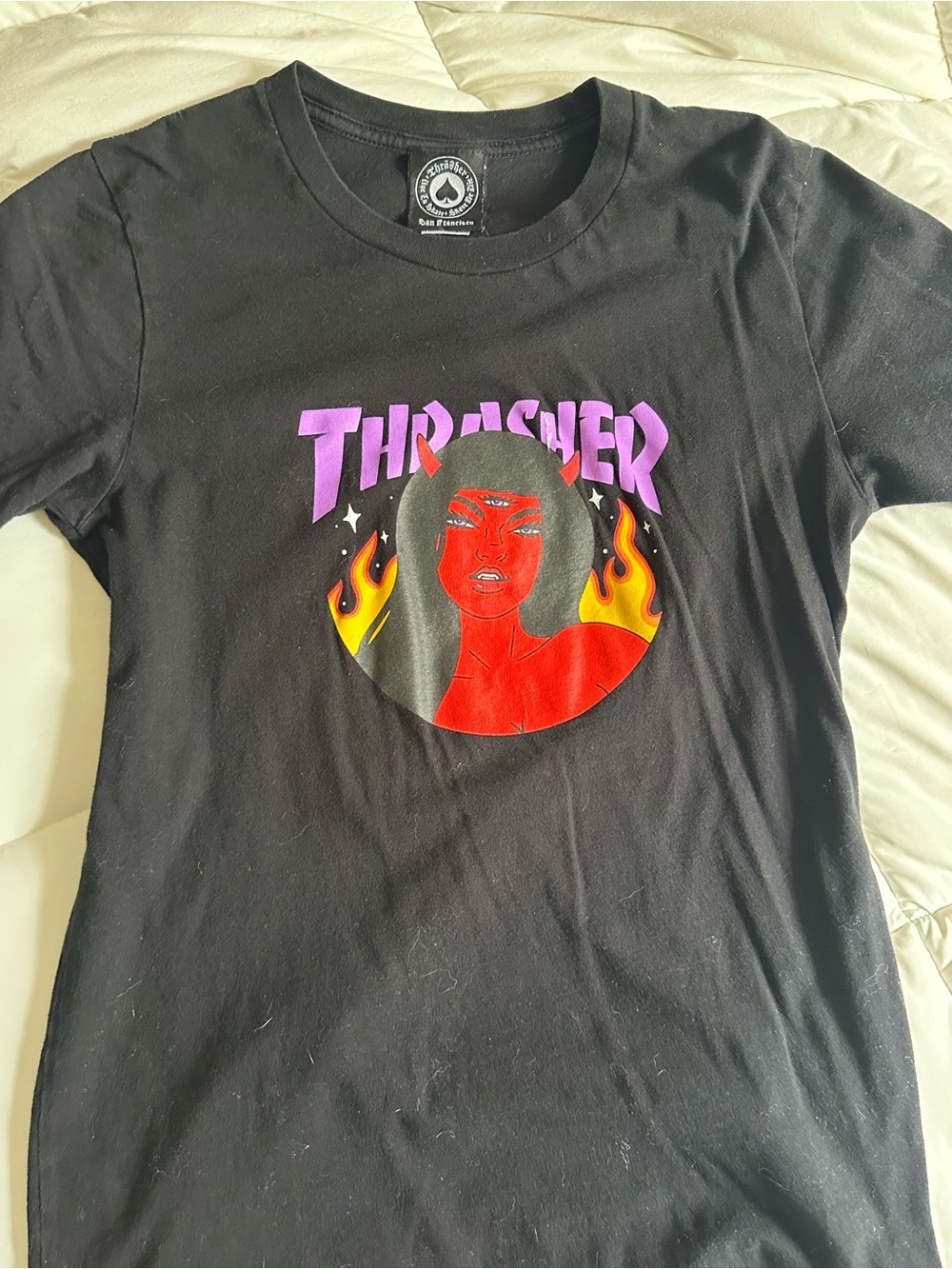 Thrasher Black Tee with Purple Logo and Red Flame Graphic